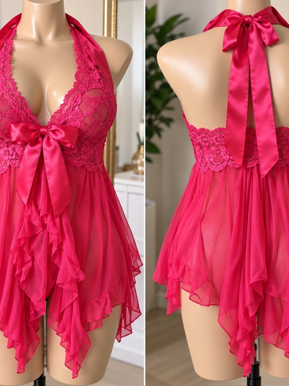 Halter Lace & Chiffon Babydoll with Satin Bow in Hot Pink